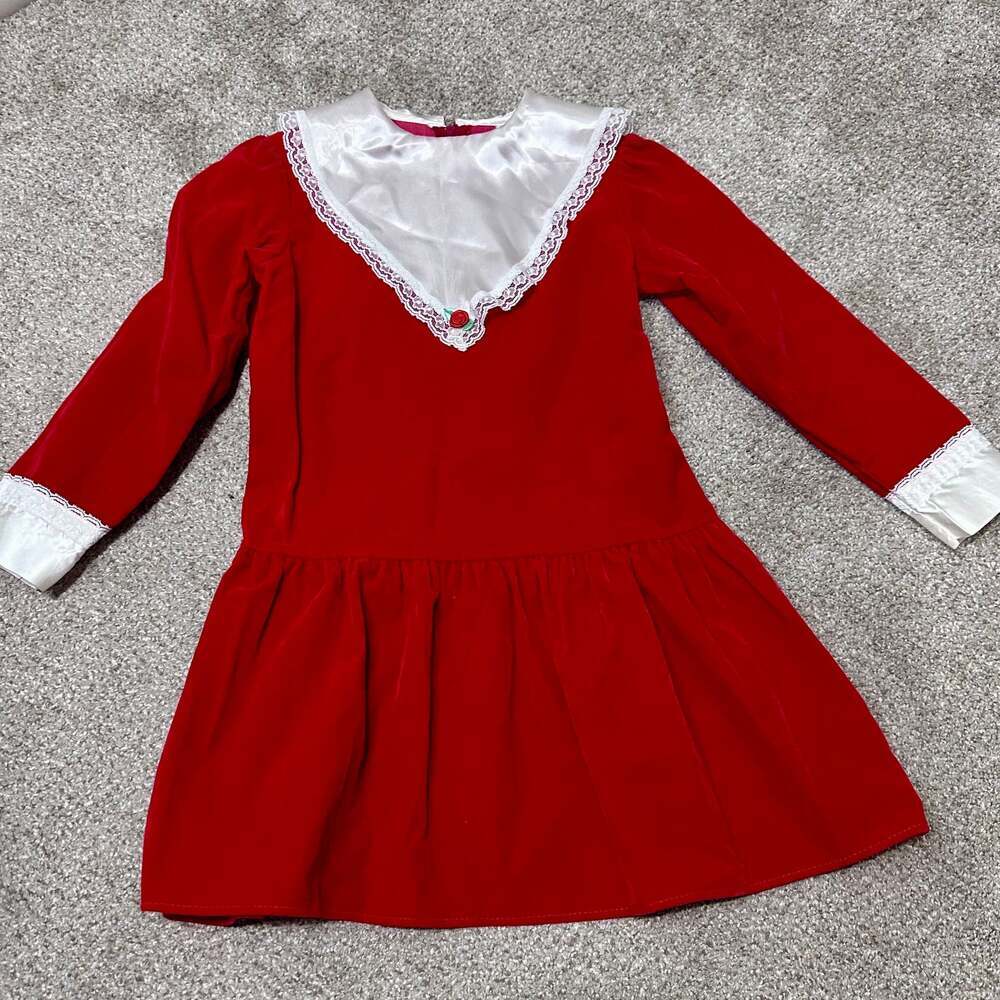Vintage Girls Red Velvet Dress with White Lace Collar, Sz 6X
